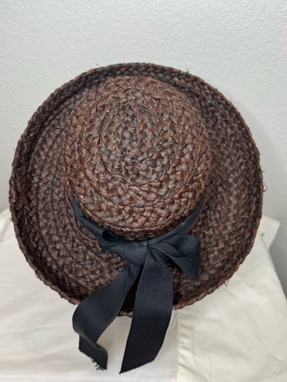 Helen Kaminski Raffia Straw Hat Brown Wide Brim Sun Hat Madagascar Ribbon Resort